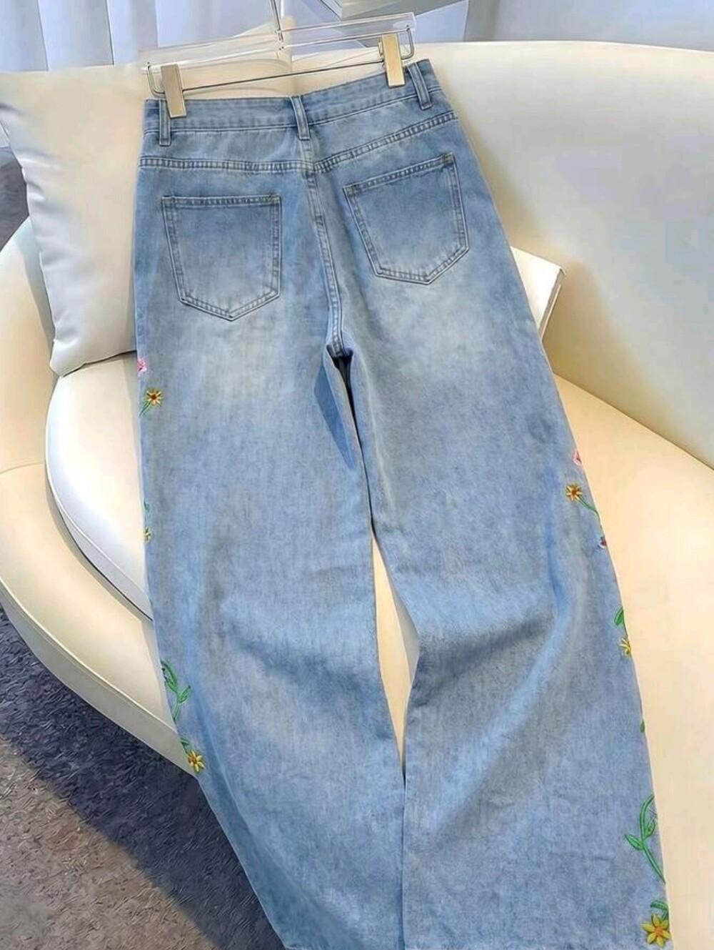 Casual Boho Washed Floral Embroidered Denim Jeans Everyday Blue Floral - Picture 2 of 5